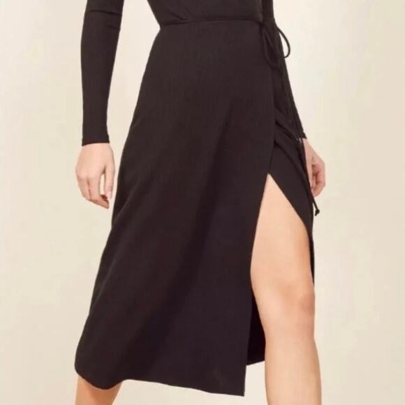 Reformation Jeans Celine Wrap Ribbed Knit Sweater Dress Black Medium - Picture 6 of 13